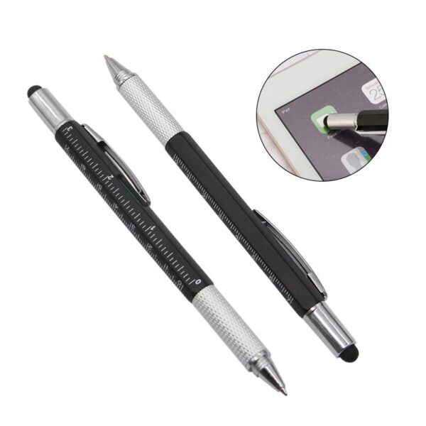 7 in 1 Multifunctional Full Metal Touch Screen Stylus Ballpoint Pen with Level Scale Ruler - Black