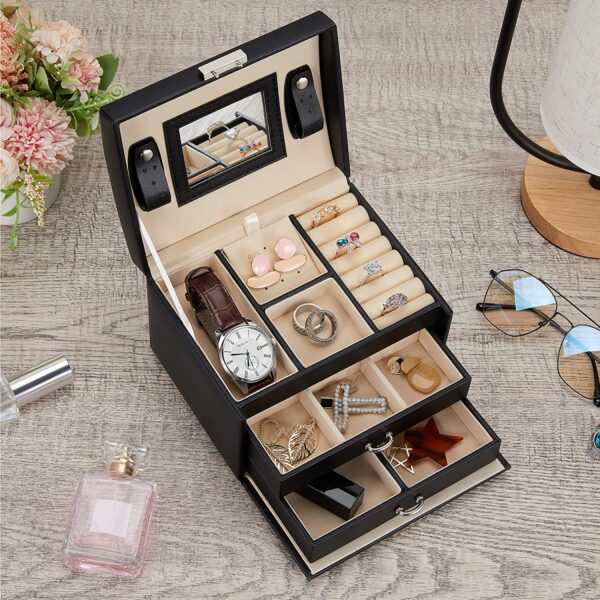 3 Layer Pu Leather Organizer Box With Mirror And Lock Drawer