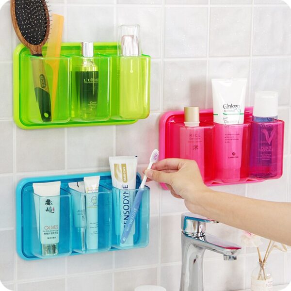 Plastic Self-Adhesive Wall Shelf 3 Grid Kitchen Bathroom Storage Box