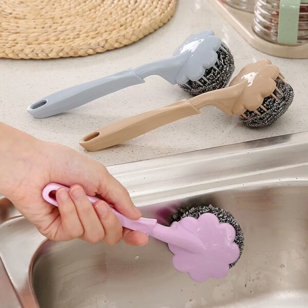Long Handle Kitchen Wire Ball Sponge Brush Kitchen Dish Handle Washing Tool